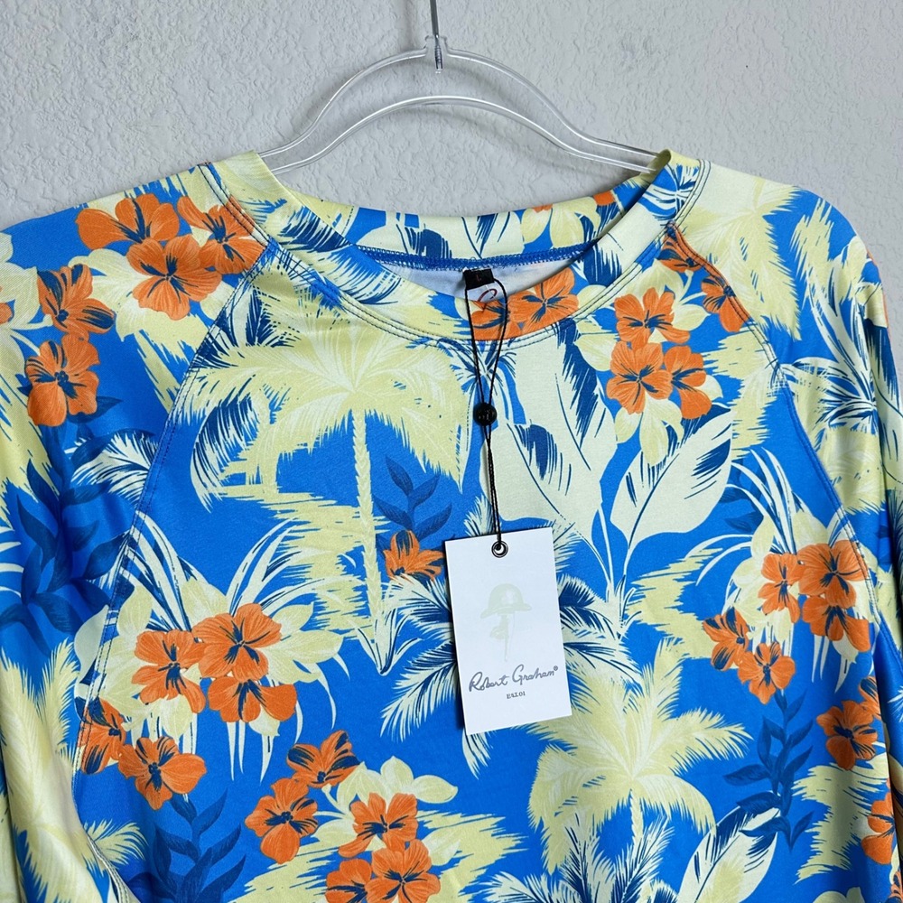 Robert Graham Mens Tropical Forest Rash Guard UPF‎ 50+ Blue Floral SMRG114 NWT L